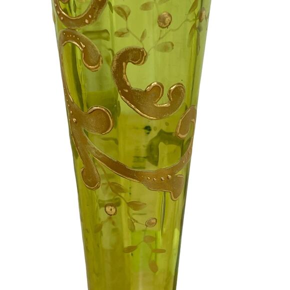 Vintage Signed Moser Art Glass Vase Ruffle Top Green Gold Gilt Good Condition - Picture 9 of 12